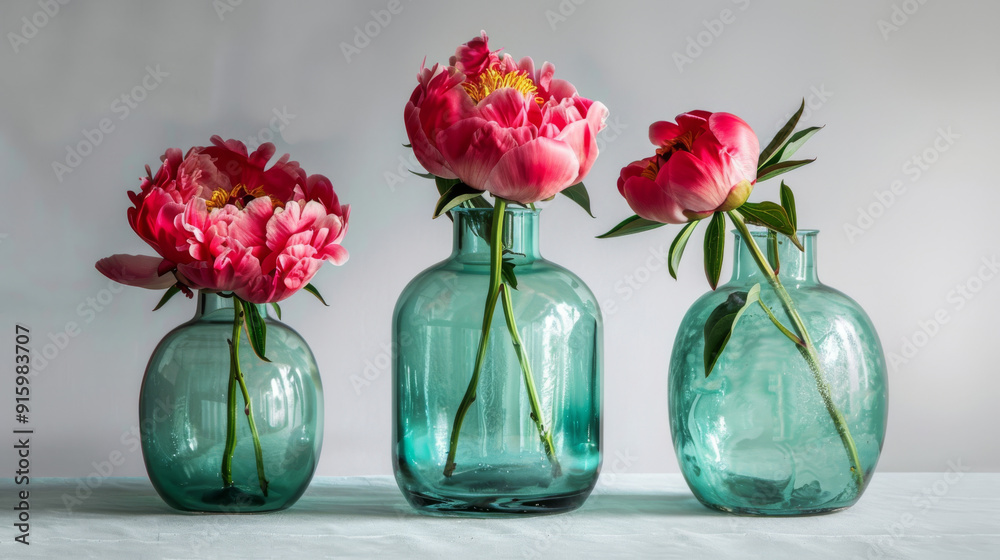 Vases made of green glass hold beautiful solitary peonies.