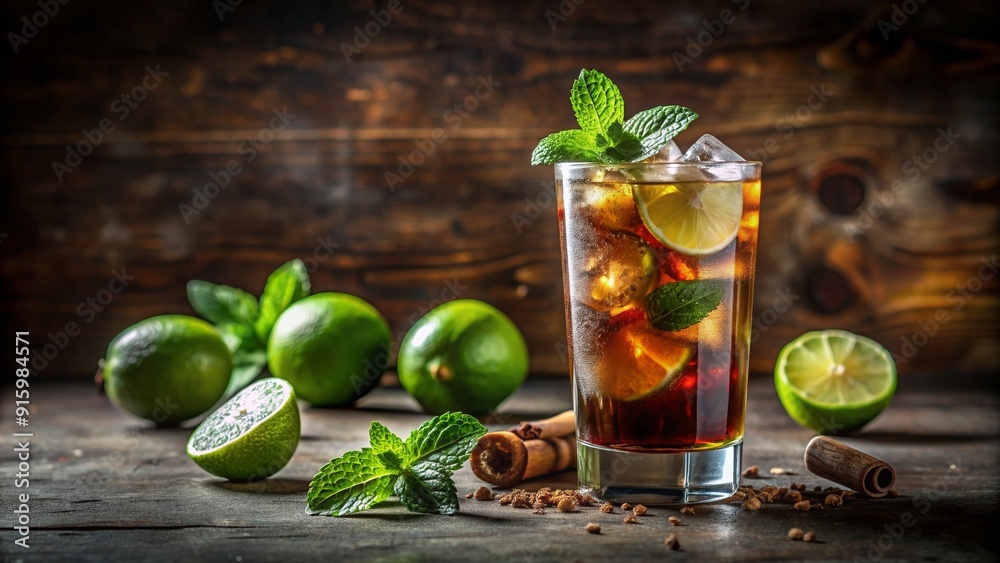 Cuba Libre cocktail with brown rum, cola, mint, and lime on a rustic bar background , Cuban, drink, refreshing, cocktail, alcohol, beverage Cuba Libre cocktail with brown rum, cola, mint, and lime on a rustic bar background , Cuban, drink, refreshing, cocktail, alcohol, beverage