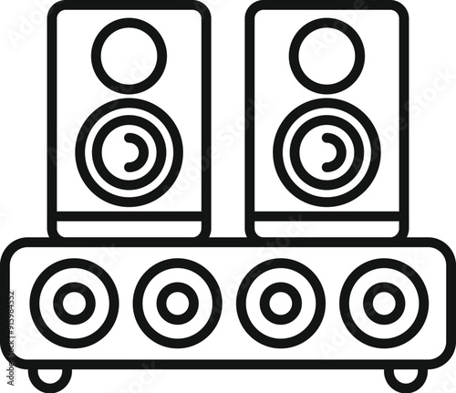 Line art icon of a sound system with two speakers standing on a subwoofer