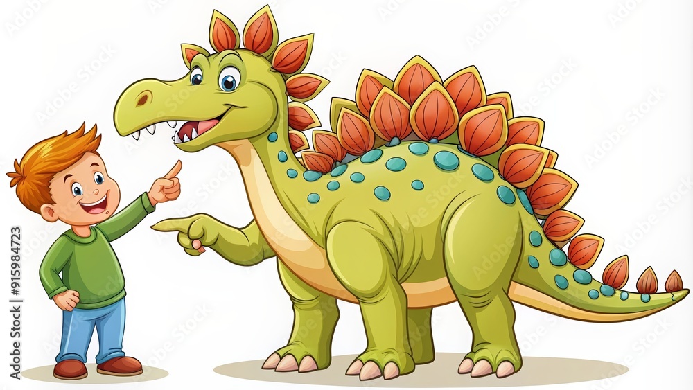 Obraz premium Cartoon of a happy and funny prehistoric stegosaurus with a child pointing at the dinosaur , dinosaur, stegosaurus, prehistoric