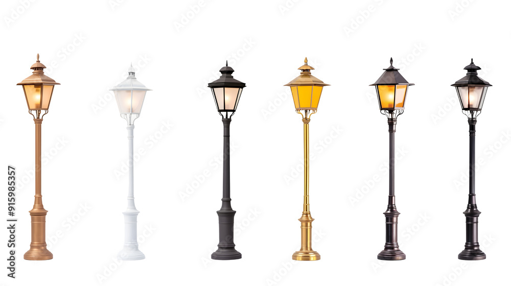Street lamps in various designs and colors showcasing modern outdoor lighting styles. Beautiful street lanterns elegantly illuminating urban and residential areas Street lamps in various designs and colors showcasing modern outdoor lighting styles. Beautiful street lanterns elegantly illuminating urban and residential areas