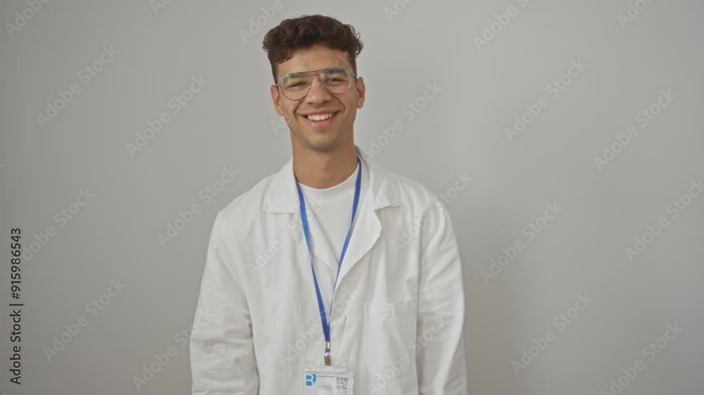Scientist young hispanic man wearing uniform, cheeks puffing with funny face, mouth inflated, over isolated white background Scientist young hispanic man wearing uniform, cheeks puffing with funny face, mouth inflated, over isolated white background