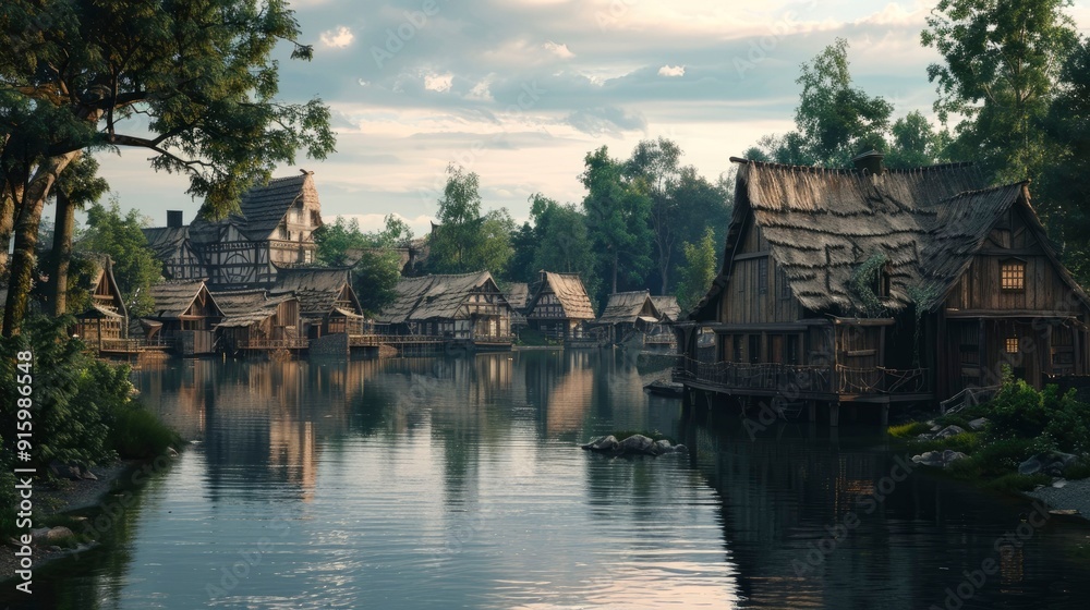 A picturesque village by a tranquil river with reflections of the houses. A picturesque village by a tranquil river with reflections of the houses.