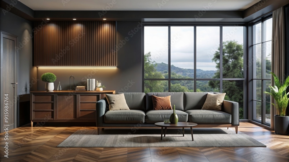 Obraz premium Dark and cozy home living room with a comfortable couch, elegant sideboard, and a large panoramic window