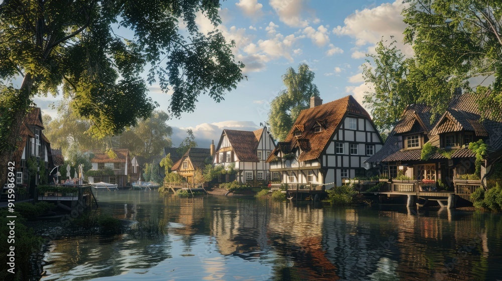 A picturesque village with charming houses by a calm river. A picturesque village with charming houses by a calm river.