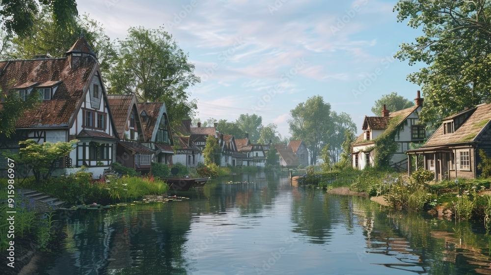 A picturesque village with charming houses by a calm river. A picturesque village with charming houses by a calm river.