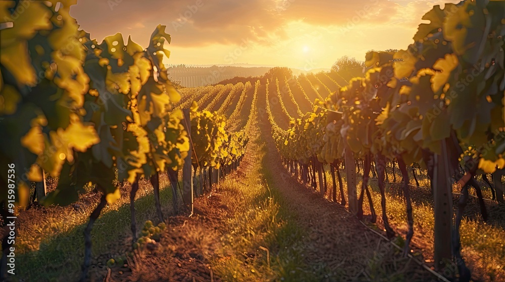 Obraz premium A picturesque vineyard with rows of grapevines and golden light.