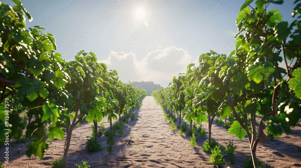 Naklejka premium A picturesque vineyard with rows of grapevines under a clear sky.