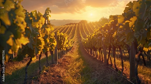 A picturesque vineyard with rows of grapevines and golden light.