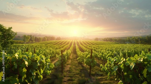 A picturesque vineyard with rows of grapevines and a clear sky.