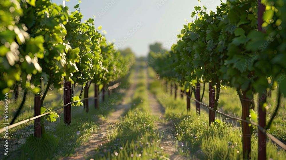 A picturesque vineyard with rows of grapevines under a clear sky. A picturesque vineyard with rows of grapevines under a clear sky.