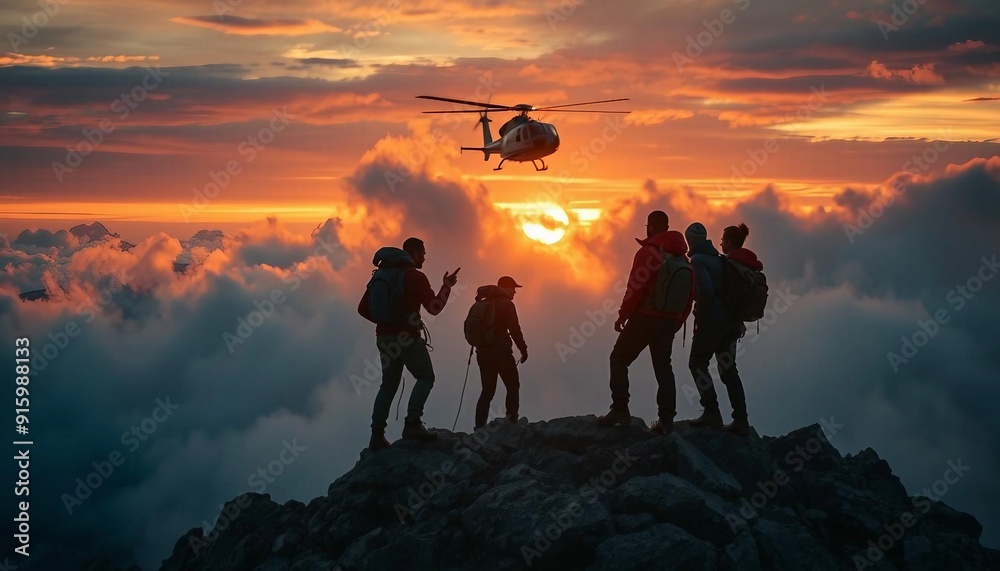 Fototapeta premium A group of climbers is stranded on a rocky mountain peak at sunset, golden light breaking through thick clouds as they signal for help. A rescue helicopter with flashing lights emerges from the mist, 