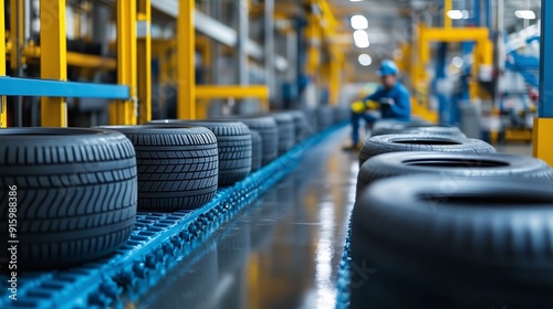 An industrial conveyor belt in a factory with multiple car tires lined up for processing. In the background, a worker wearing blue overalls is focused on the task at hand, photo