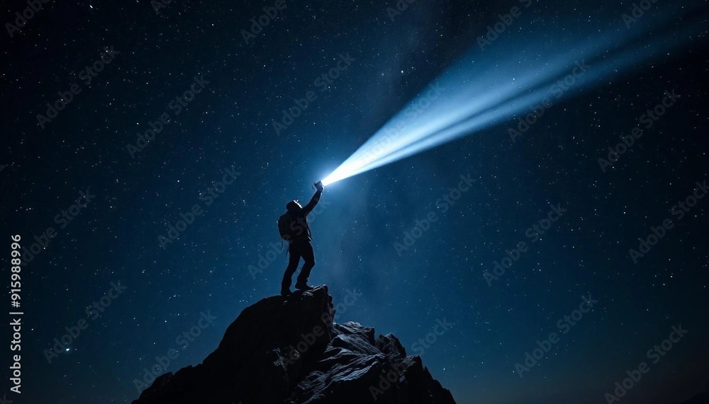 A solitary climber at a mountain summit holds a flashlight that pierces the darkness, illuminating the Milky Way and creating a striking silhouette against the cosmic backdrop. A solitary climber at a mountain summit holds a flashlight that pierces the darkness, illuminating the Milky Way and creating a striking silhouette against the cosmic backdrop.