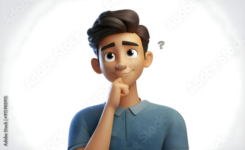 Thinking questioning dreaming planning cartoon character young adult man teen person portrait in 3d style design on white background. Human people feelings expression concept