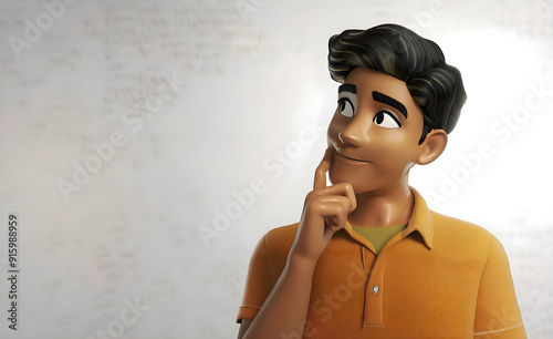 Thinking questioning dreaming planning cartoon character young adult man teen person portrait in 3d style design on white background. Human people feelings expression concept