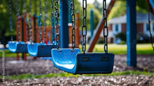 A playground swing set with bright blue swings. photo