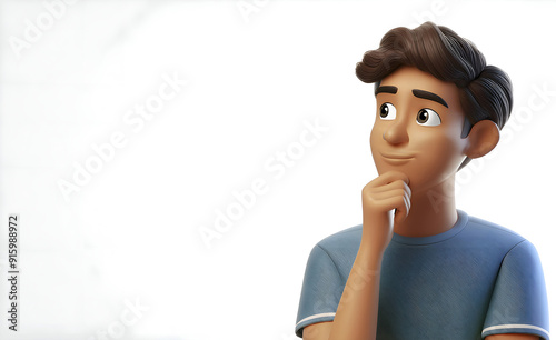 Thinking questioning dreaming planning cartoon character young adult man teen person portrait in 3d style design on white background. Human people feelings expression concept