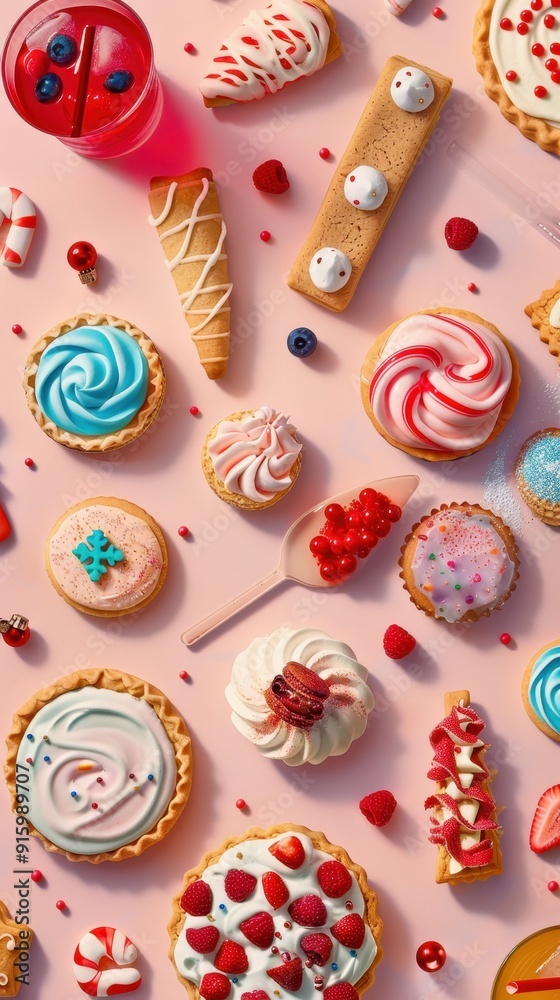 Fototapeta premium A vibrant display of various desserts includes cupcakes, candy, and treats perfect for any celebration