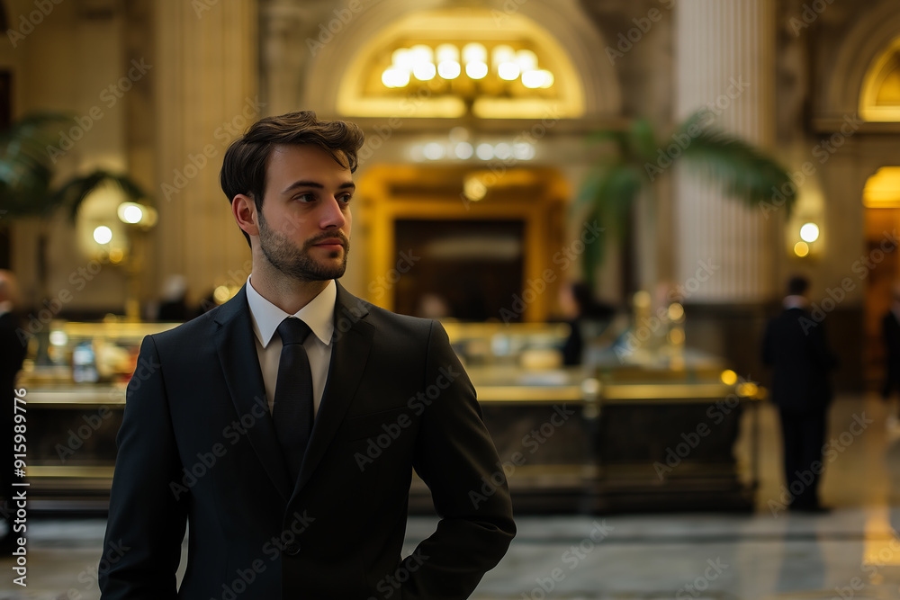 Fototapeta premium Man in suit looking away in grand building interior.