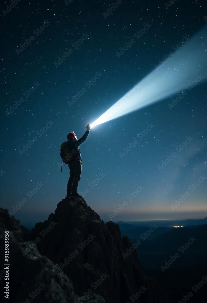 Fototapeta premium A solitary climber at a mountain summit holds a flashlight that pierces the darkness, illuminating the Milky Way and creating a striking silhouette against the cosmic backdrop.