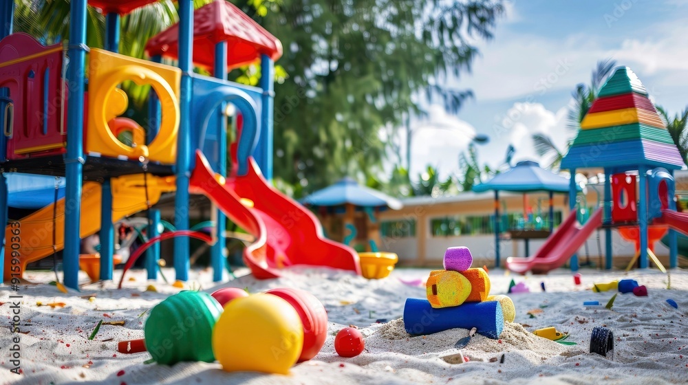 Fototapeta premium A playground with a colorful sandbox and toys.