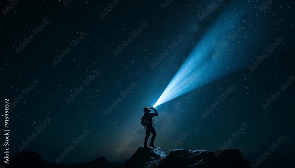 Obraz premium A solitary climber at a mountain summit holds a flashlight that pierces the darkness, illuminating the Milky Way and creating a striking silhouette against the cosmic backdrop.