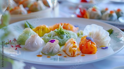 a plate of elegantly arranged dim sum with colorful dumplings and artistic presentation