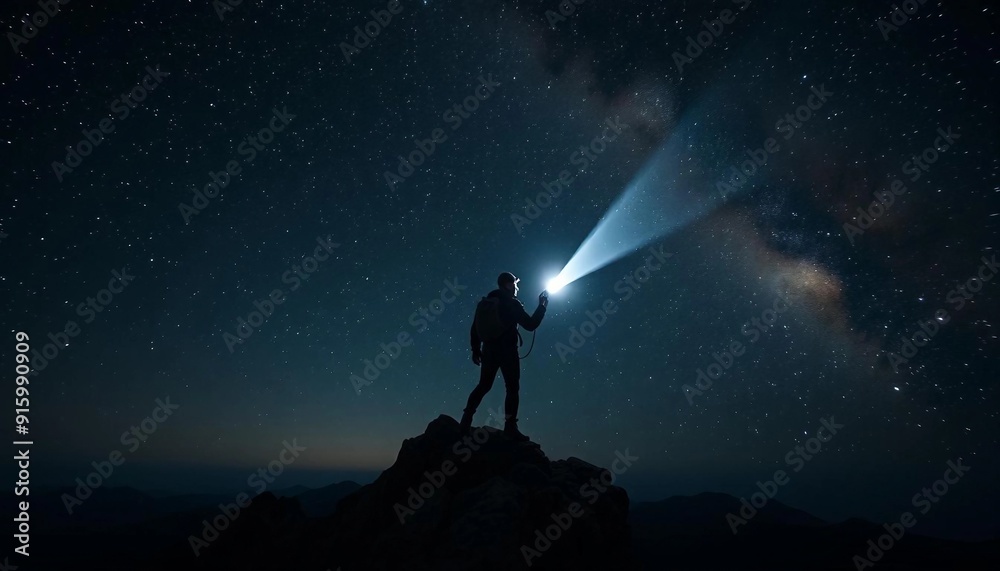 Fototapeta premium A solitary climber at a mountain summit holds a flashlight that pierces the darkness, illuminating the Milky Way and creating a striking silhouette against the cosmic backdrop.
