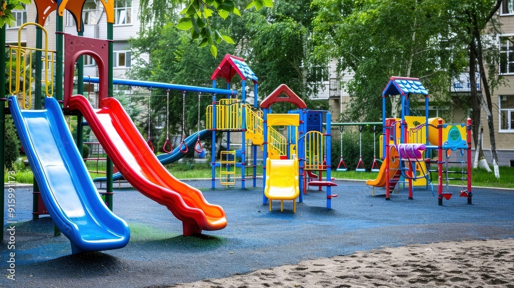 A playground with a slide and swings in bright colors. A playground with a slide and swings in bright colors.