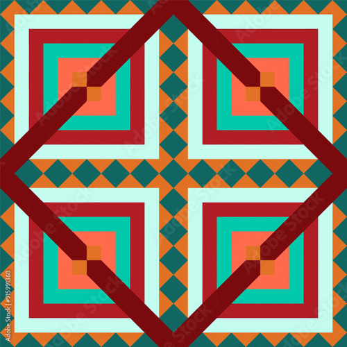 Bright seamless pixel pattern in Mexican style. Vivid tribal geometric triangles and squares ornament. Aztec rug background.