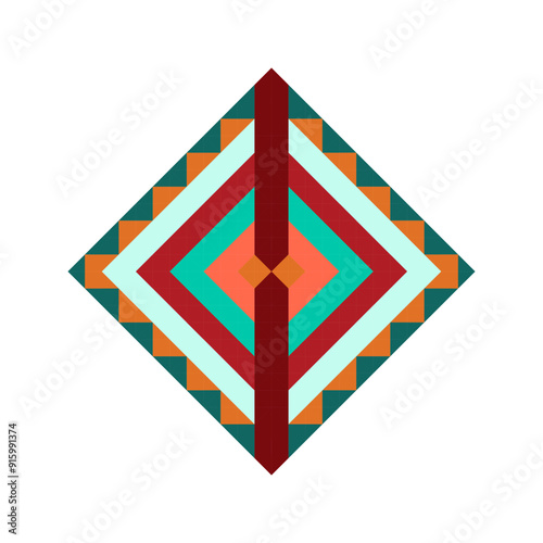 Square logo with bright pixel pattern in Mexican style. Rhombus with vivid tribal geometric triangles and squares ornament. Aztec rug element.