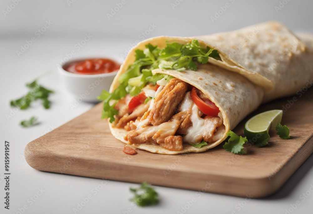 Taco mexican tortilla wrap with chicken isolated on white background image ai generate Taco mexican tortilla wrap with chicken isolated on white background image ai generate