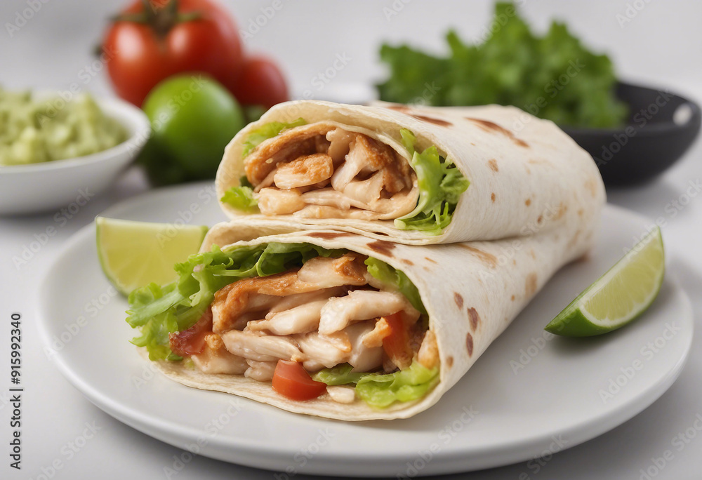 Taco mexican tortilla wrap with chicken isolated on white background image ai generate Taco mexican tortilla wrap with chicken isolated on white background image ai generate