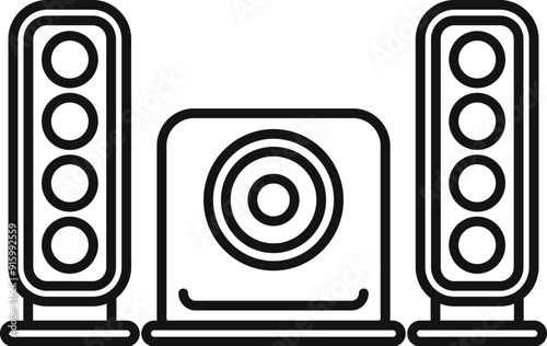 Line art icon of a sound system playing loud music, with two speakers and a subwoofer