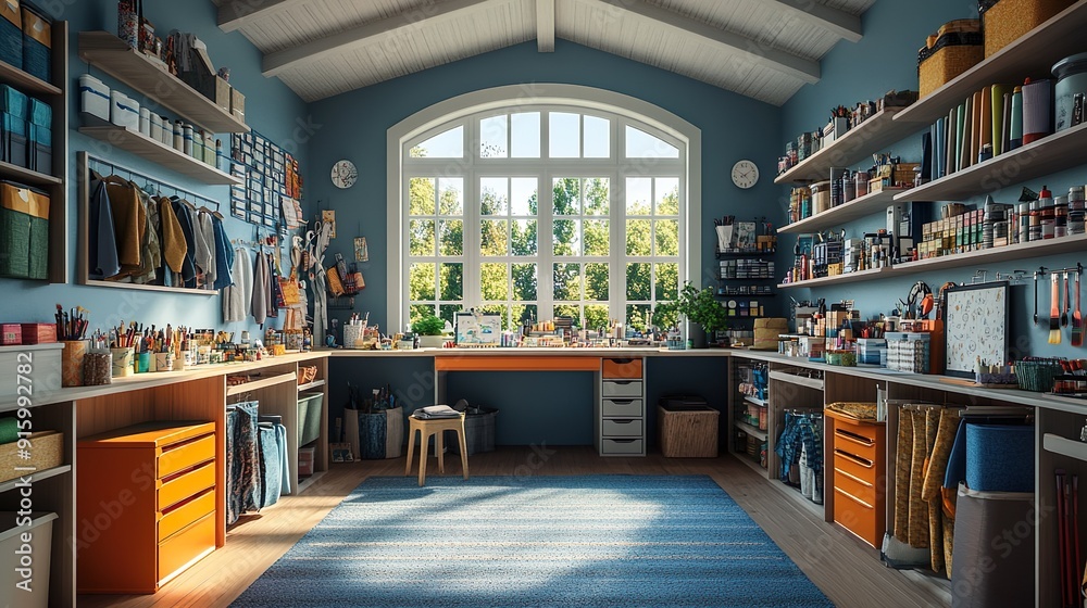 Functional craft room with organized storage, workspace, and decorative touches picture Functional craft room with organized storage, workspace, and decorative touches picture