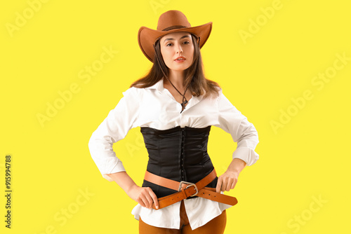 Beautiful cowgirl on yellow...