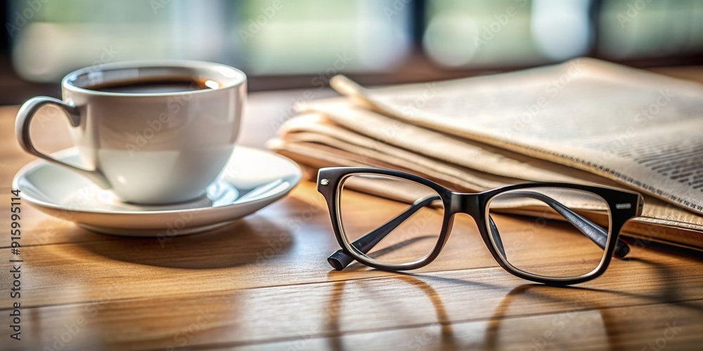 Bifocal glasses on table with coffee and newspaper , bifocal, glasses, seamless transition, reading, distance Bifocal glasses on table with coffee and newspaper , bifocal, glasses, seamless transition, reading, distance