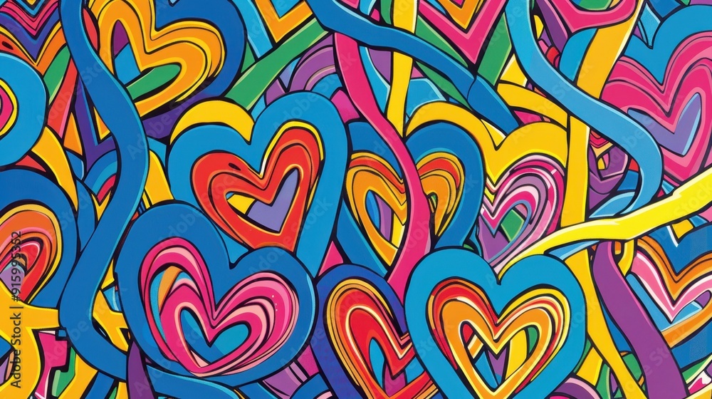 A lively array of intertwined hearts in various colors creates a joyful and vibrant pattern A lively array of intertwined hearts in various colors creates a joyful and vibrant pattern