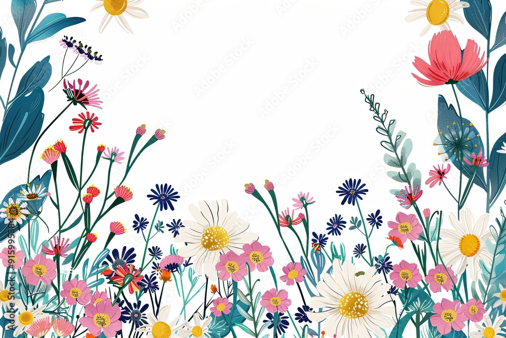 Cheerful hand-drawn whimsical floral frame with wildflowers and daisies on white Cheerful hand-drawn whimsical floral frame with wildflowers and daisies on white