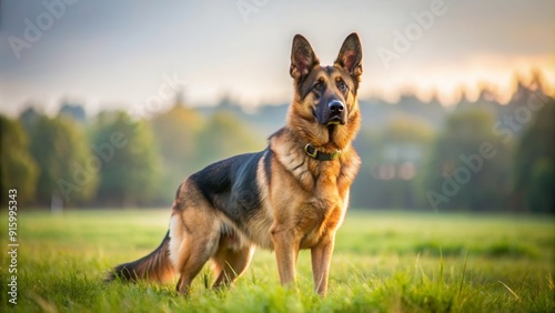 German Shepherd dog standing alert on grass field , loyal, intelligent, protective, obedient