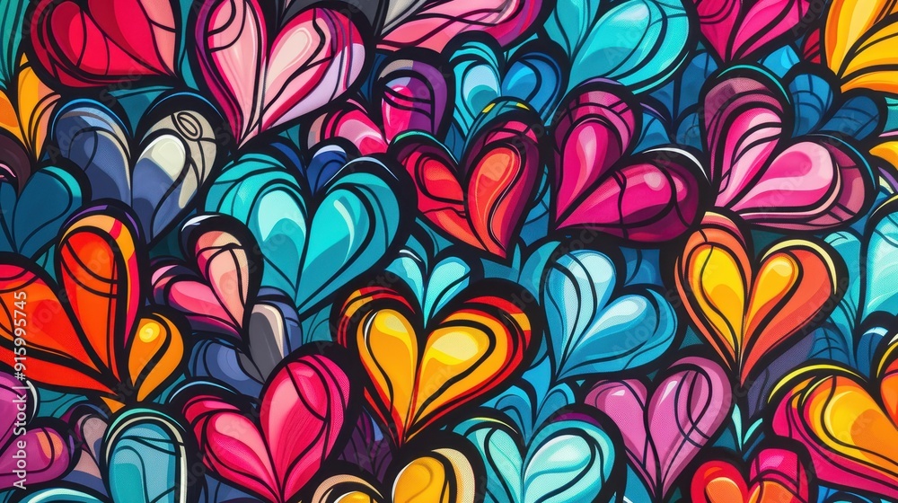 A collection of vibrant, colorful hearts fills a wall at an art exhibit, celebrating creativity and love A collection of vibrant, colorful hearts fills a wall at an art exhibit, celebrating creativity and love