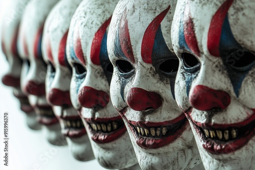 Row of Scary Clown Halloween Masks on Blank White Generative Illustration
