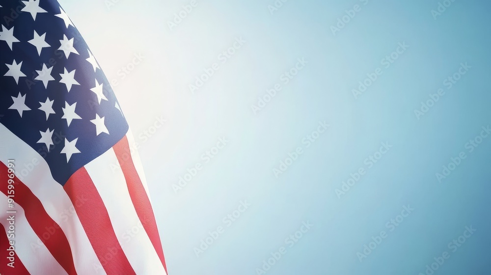 Obraz premium Close-up of an American flag with crisp colors fluttering against a serene blue sky, symbolizing freedom, strength, and national pride
