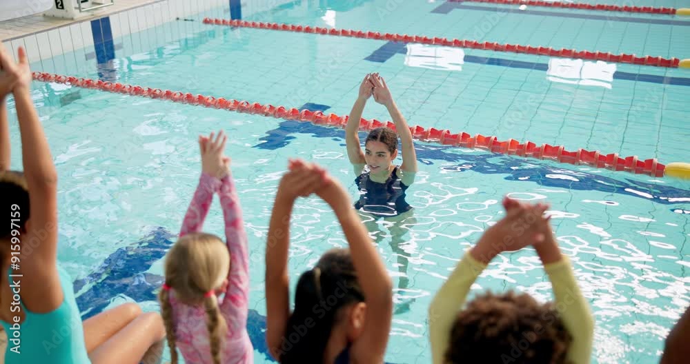 Teacher, kids and happy for swimming pool with lesson at centre for exercise, training and fun for child development. Woman, people and teaching in swimsuit for sport competition or recreation