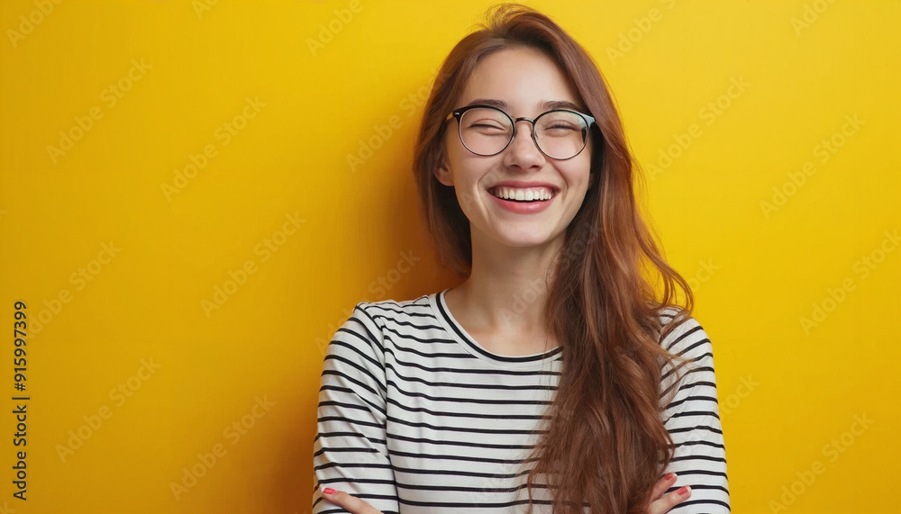 portrait of a nerdy girl , front of a yellow background , smile portrait of a nerdy girl , front of a yellow background , smile