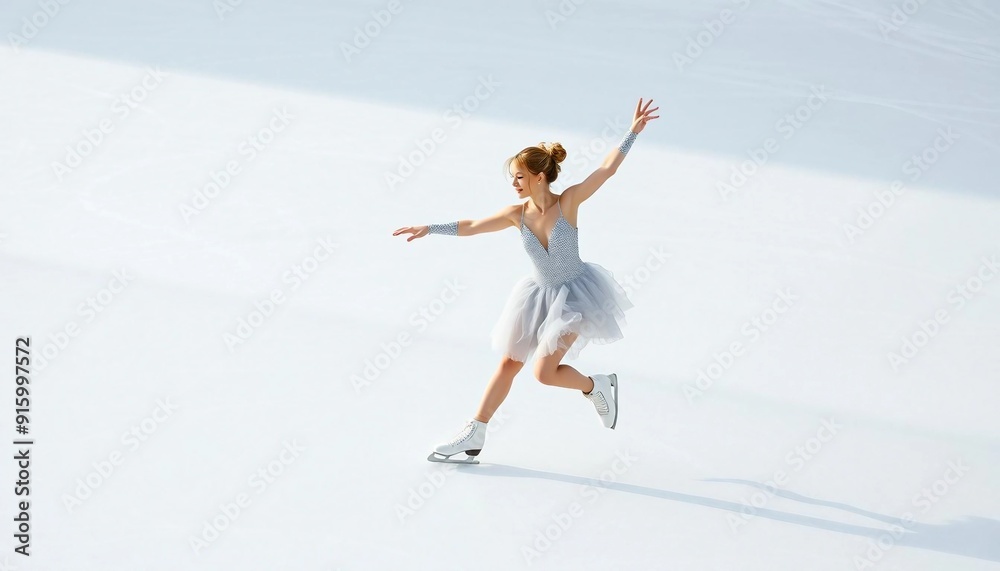 A female ice skater performs an elegant spin on a smooth, pristine rink, her graceful movements and sparkling costume shining against a bright, airy background with soft white tones, creating a clean A female ice skater performs an elegant spin on a smooth, pristine rink, her graceful movements and sparkling costume shining against a bright, airy background with soft white tones, creating a clean
