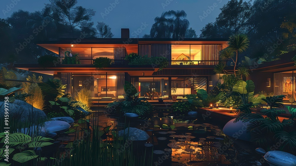 A modern house with a pond in the front yard, surrounded by lush greenery. The house is lit up at night, creating a warm and inviting atmosphere. A modern house with a pond in the front yard, surrounded by lush greenery. The house is lit up at night, creating a warm and inviting atmosphere.