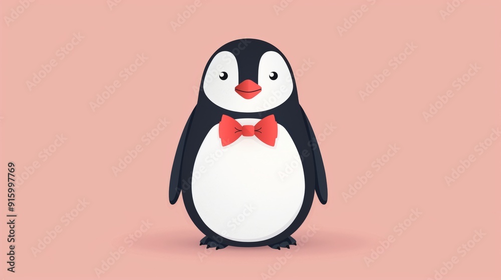 Fototapeta premium 2D illustration of a penguin with a bow tie with basic shapes on a neutral colored background in a simplicity of drawing in a minimalist vector style