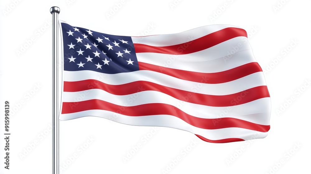 Realistic American flag hung over a pole, vivid stars and stripes, natural flow as if caught by wind, detailed fabric texture Realistic American flag hung over a pole, vivid stars and stripes, natural flow as if caught by wind, detailed fabric texture